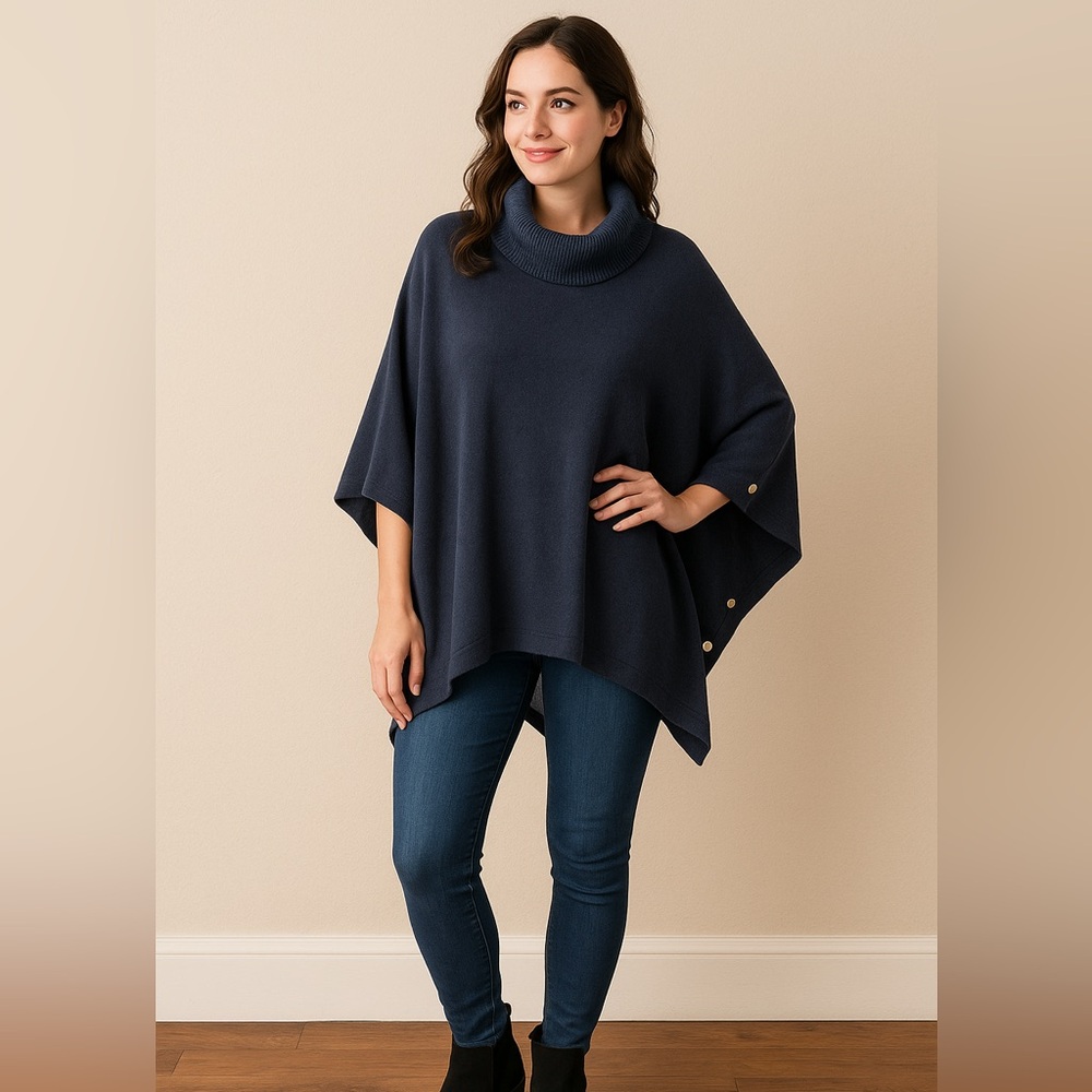 Alfani Navy Blue Cowl Neck Poncho Sweater L Gold Button Detail Cozy Knit